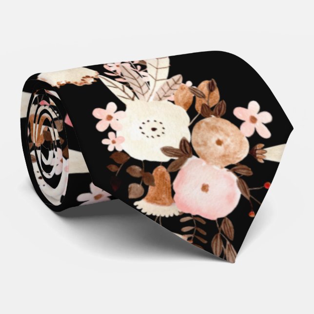 Cravate  Elégante aquarelle Fleurs Mariage rose et noir (Roulé)