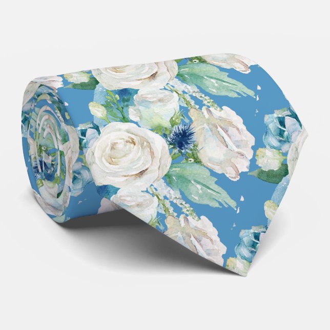 Cravate élégante blanche et bleue à roses d’hiver (Roulé)