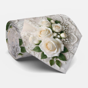 Cravate Elégante Dentelle Mariage Blanche Et Roses,