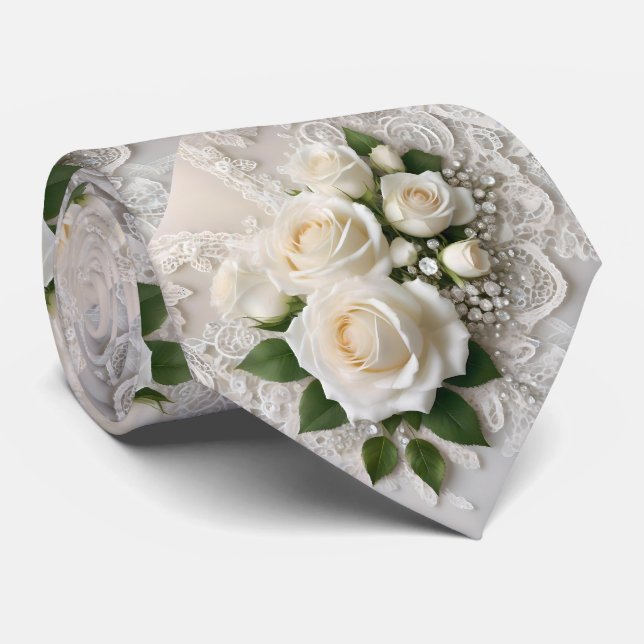 Cravate Elégante Dentelle Mariage Blanche Et Roses, (Roulé)