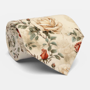 Cravate Elégante Fleur Rose Vintage Fleur Beige Floral