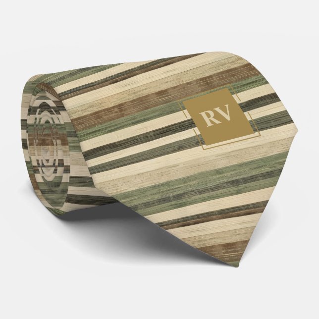 Cravate Élégante Monogramme Moderne Brun Rayure d'Automne (Roulé)