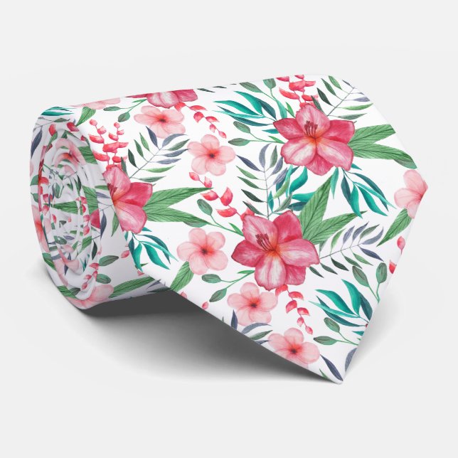 Cravate élégante motif carrelée de fleurs tropicales (Roulé)