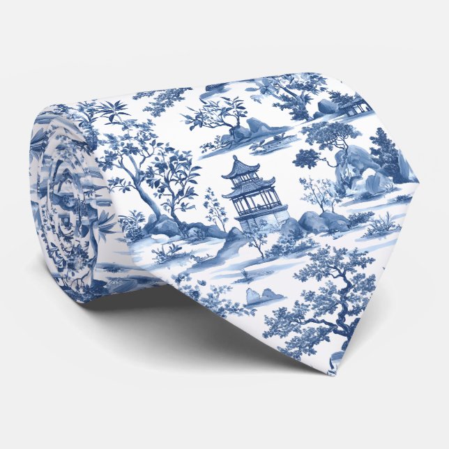 Cravate Elégante Pagode Bleue Chinoiserie Toile (Roulé)