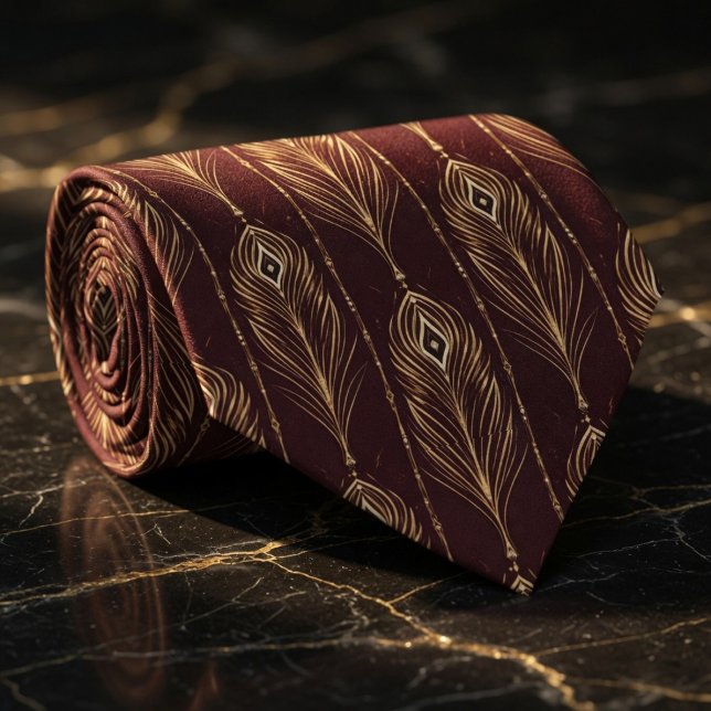 Cravate Élégante plume de paon bordeaux et or (Créateur téléchargé)