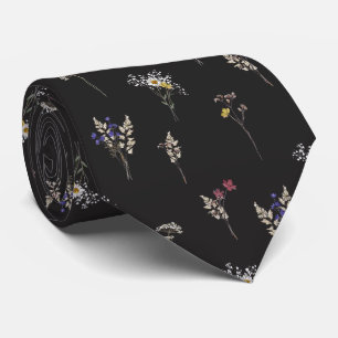Cravate Élégantes Fleurs Sauvages Botaniques Vintage Noir