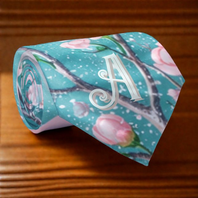 Cravate Élégantes Initiales Fleur de Cerisier Turquoise Ro (Créateur téléchargé)