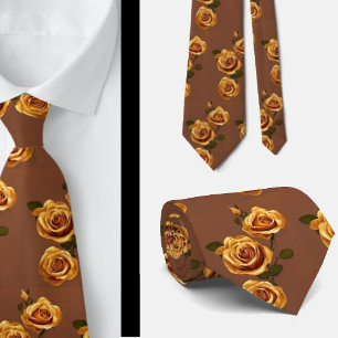 Cravate Élégantes Roses Florales Jaune Brun Doré