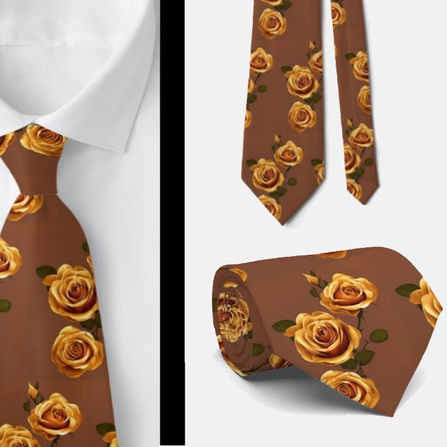Cravate Élégantes Roses Florales Jaune Brun Doré (Créateur téléchargé)