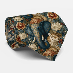 Cravate Éléphant cérémonial peint Navy et Or vintage