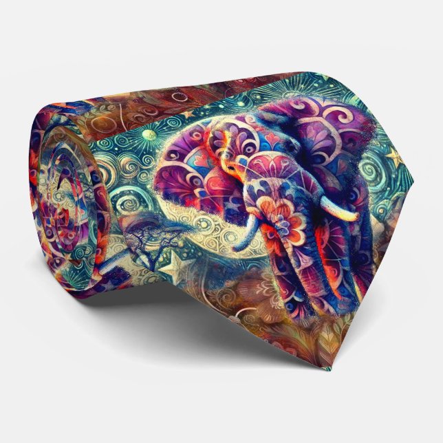 Cravate Éléphant lunaire à la nuit Bleu pourpre étoiles Lu (Roulé)