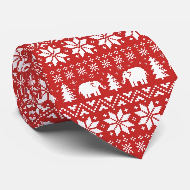 Cravate Eléphants mignons Motif de Noël Rouge et Blanc (Roulé)