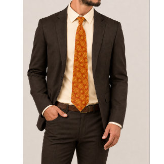 Cravate Emberielle Orange Brûlé et Or Floral Ornemental