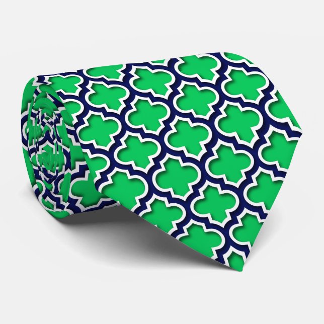 Cravate Emerald Green Navy White Quatrefoil marocain #5DS (Roulé)