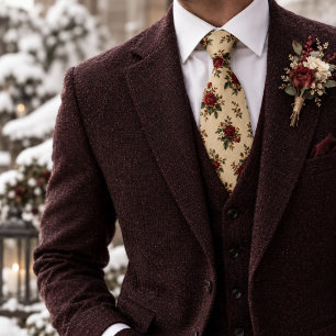 Cravate Émeraude rouge rubis Rose vintage en fleurs
