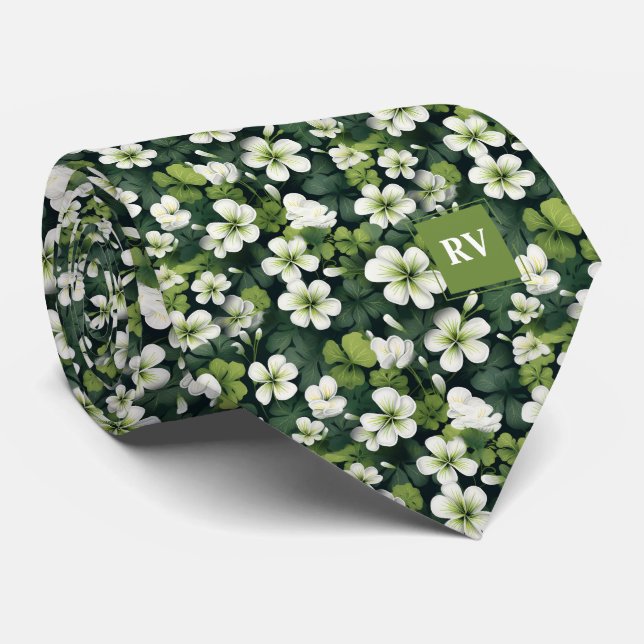 Cravate Émeraude Vert Shamrock motif floral (Roulé)