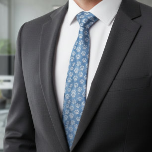Cravate Empreintes de patte blanches sur fond bleu - Amate