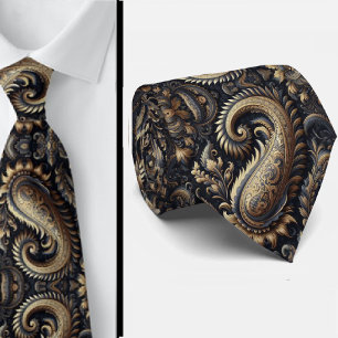 Cravate en jacquard paisley 3D bleu marine et or