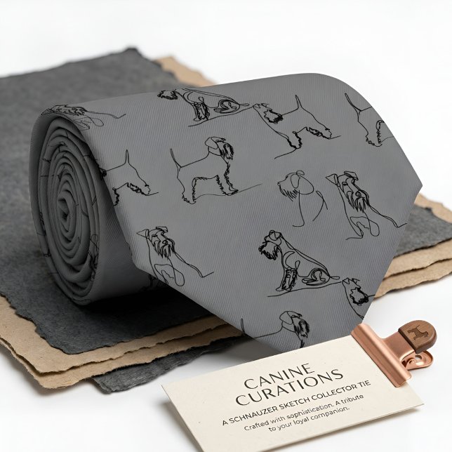 Cravate en ligne d'art de Schnauzer nain gris (Miniature Schnauzer Line Art on Gray Tie)
