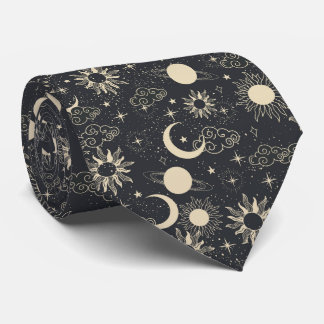 Cravate espace céleste soleil lune galaxie planète beige