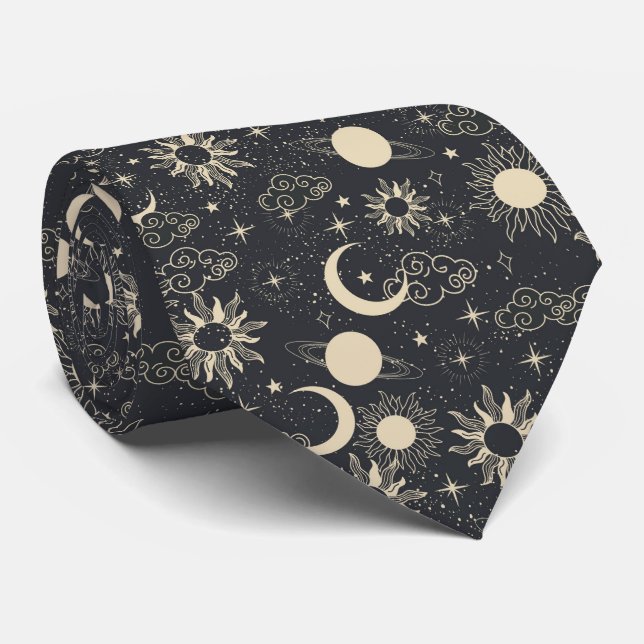 Cravate espace céleste soleil lune galaxie planète beige (Roulé)