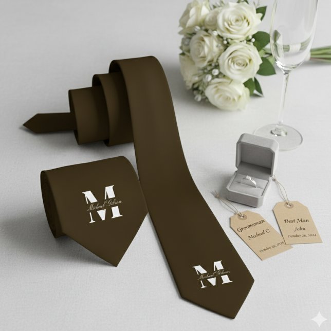 Cravate Espresso | Custom Monogram Wedding Groomsmen  (Espresso | Custom Monogram Wedding Groomsmen Neck Tie)