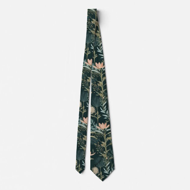 Cravate Esthétique Fleur Illustrative Sauge Foncé & Pêche  (Dos)