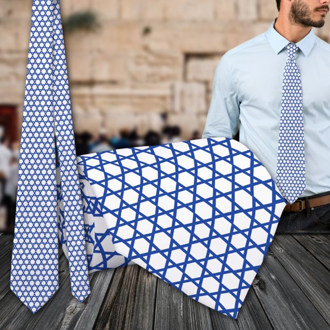 Cravate Étoile Bleue Blanche De David Grid (Blue White Star Of David Grid Neck Tie)