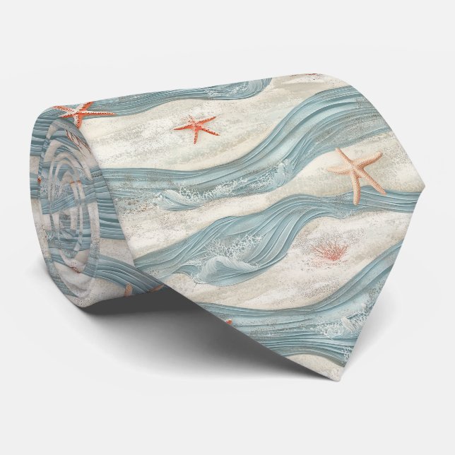 Cravate Étoile de mer côtière sur motif de vagues de sable (Roulé)
