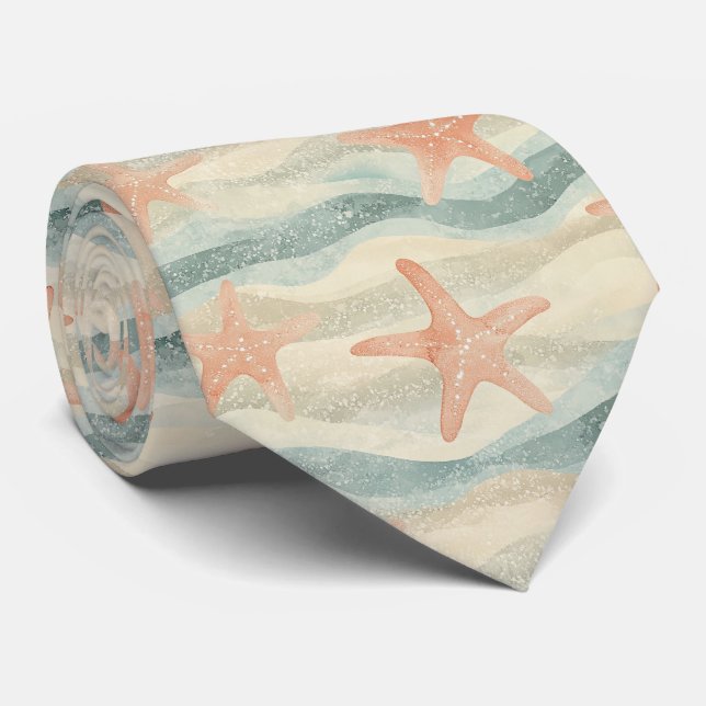Cravate Étoile de mer côtière sur motif de vagues de sable (Roulé)