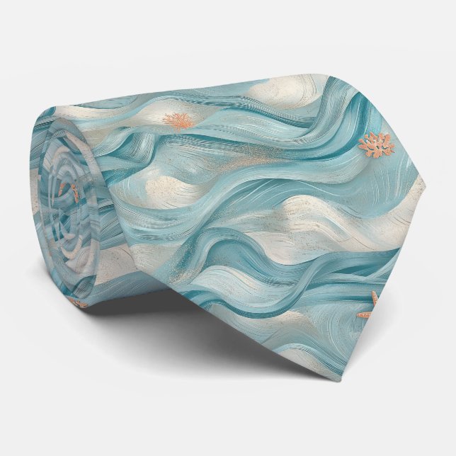 Cravate Étoile de mer côtière sur motif de vagues de sable (Roulé)