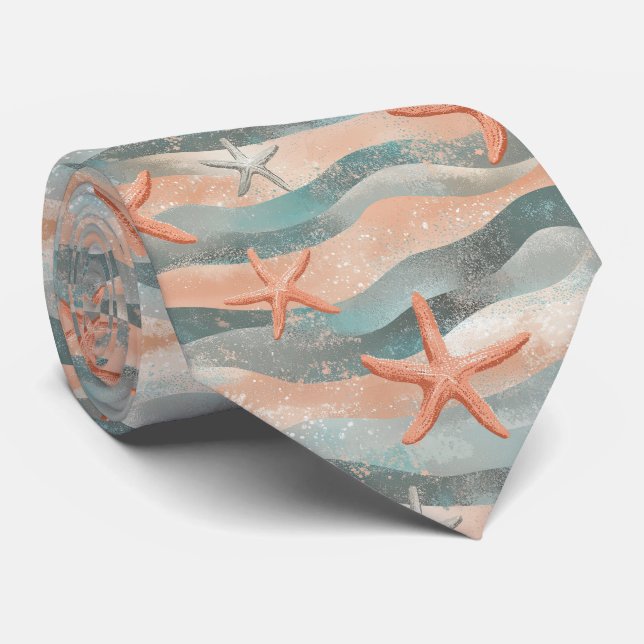 Cravate Étoile de mer côtière sur motif de vagues de sable (Roulé)