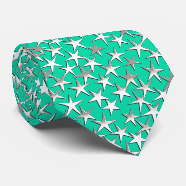 Cravate étoiles d'argent sur turquoise (Roulé)