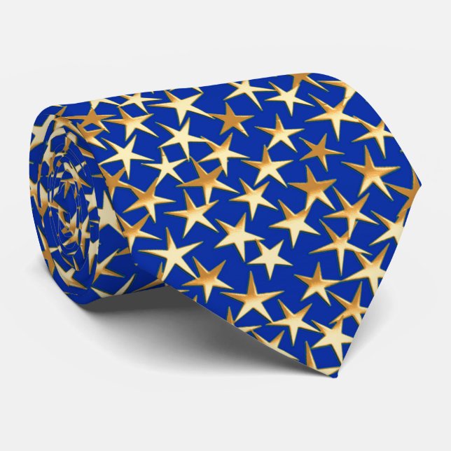 Cravate Étoiles dorées sur fond bleu de cobalt (Roulé)