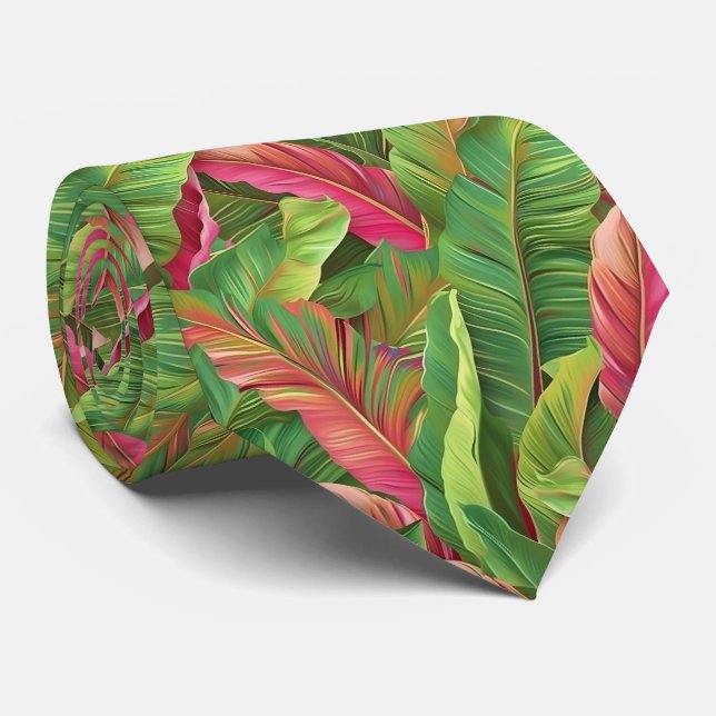 Cravate étonnante avec Feuilles tropicaux en vert  (Roulé)