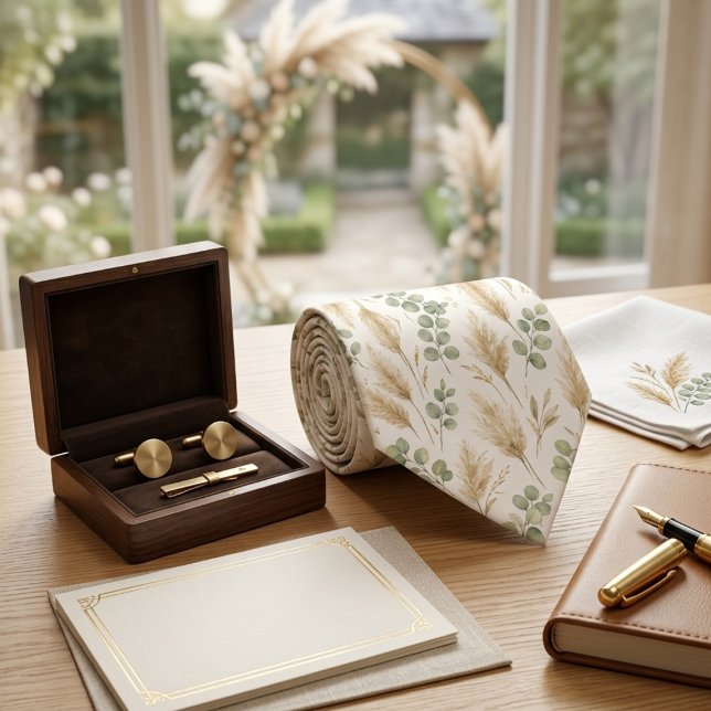 Cravate Eucalyptus Élégant et Herbe de Pampas Bohème Neutr (Créateur téléchargé)