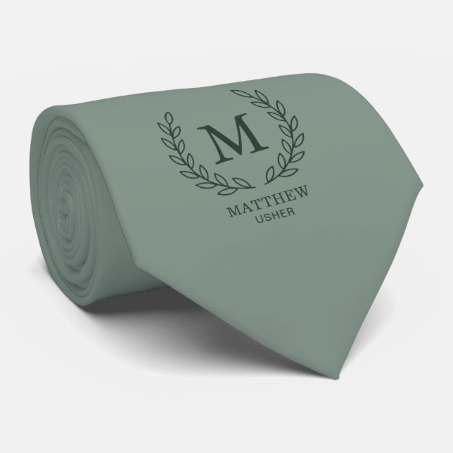 Cravate Eucalyptus Vert Élégant Monogramme de Garçon d'Hon (Roulé)