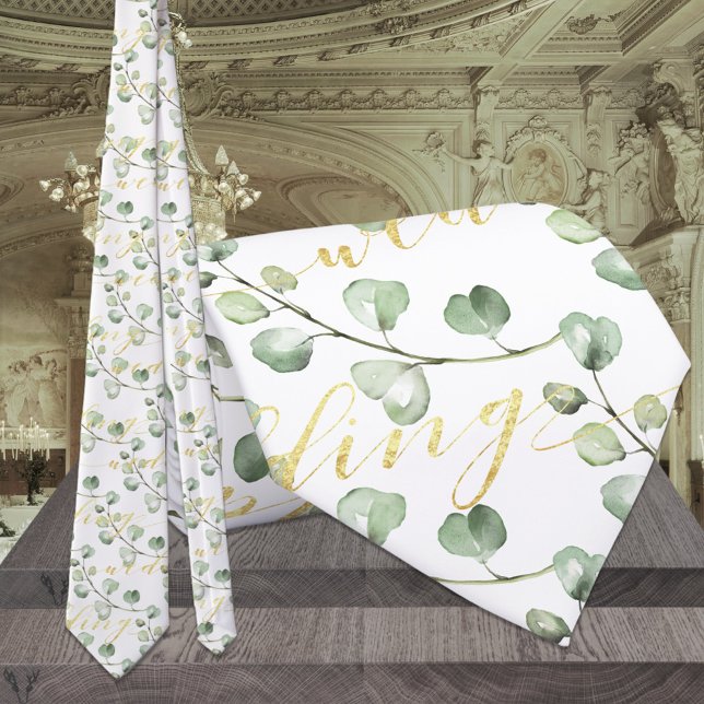 Cravate Eucalyptus vert et Mariage d'écriture or fantaisie (Créateur téléchargé)