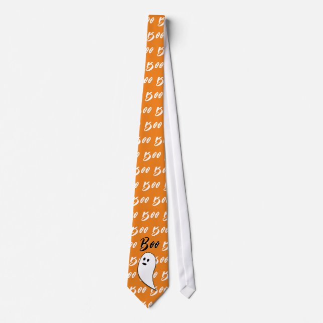 Cravate Fantôme Halloween noir blanc orange boo (Devant)