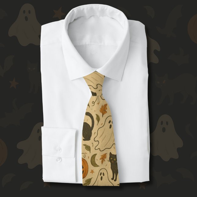Cravate Fantômes d'automne vintages et chats noirs Hallowe (Créateur téléchargé)