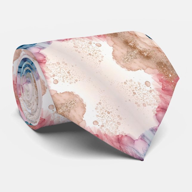 Cravate Faux or rose et bleu sarcelle et paillettes (Roulé)