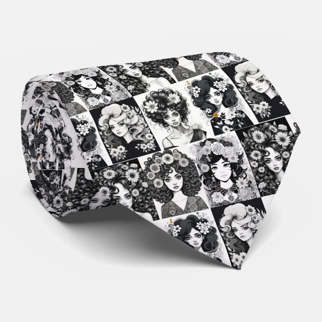 Cravate Femmes Whimsical en noir et blanc (Roulé)