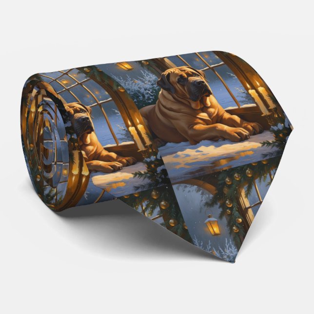 Cravate Festif Bullmastiff avec les lumières de Noël (Roulé)