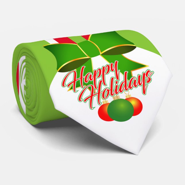 Cravate Festive GREEN with Red and White on Happy Holidays (Roulé)
