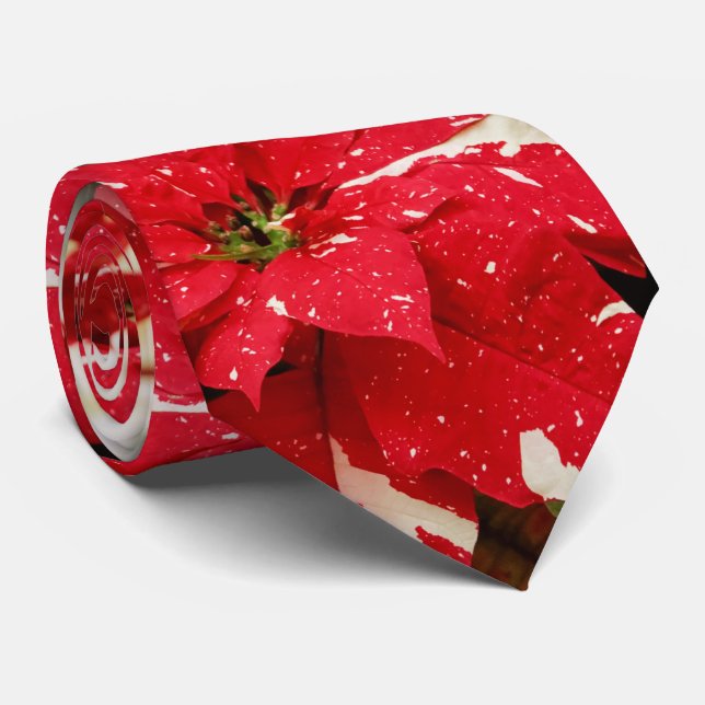 Cravate Festive Rouge Blanc Floral Poinsettia Fleurs (Roulé)