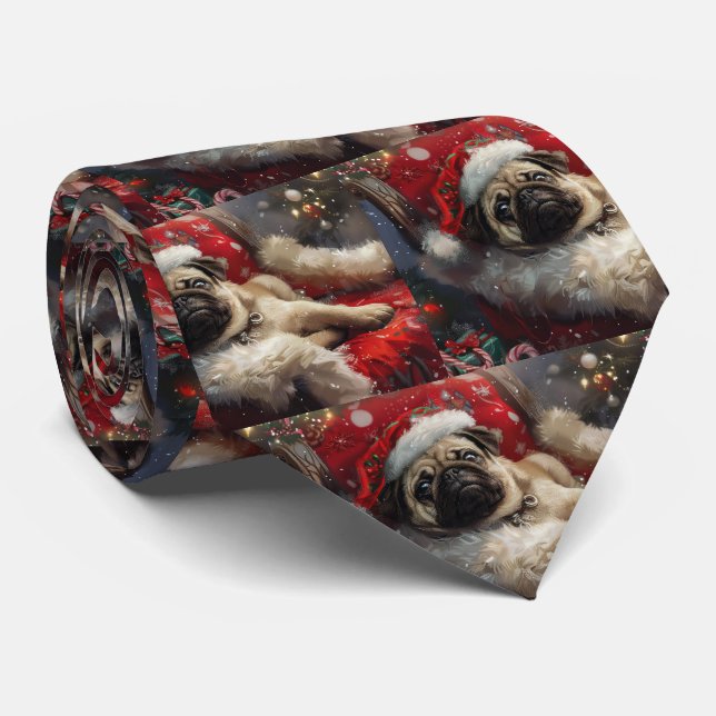 Cravate Fête de Noël du chien Carlin (Roulé)