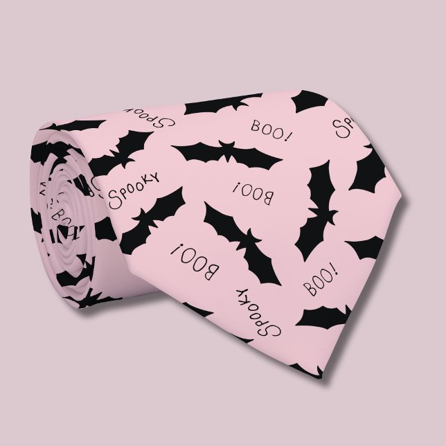 Cravate Fête d'Halloween Chauves-souris Rose Mignonnes (Black bat Spooky Halloween pink tie)