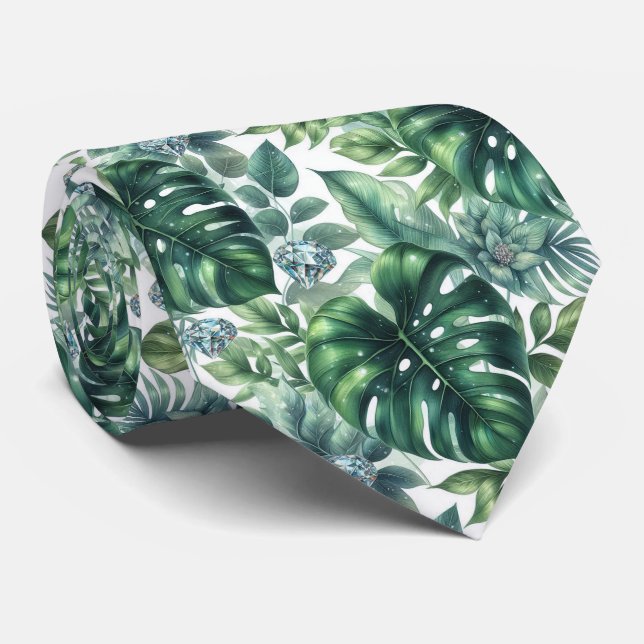 Cravate Feuillage tropical aquarelle avec diamants (Roulé)