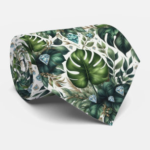 Cravate Feuillage tropical aquarelle avec diamants