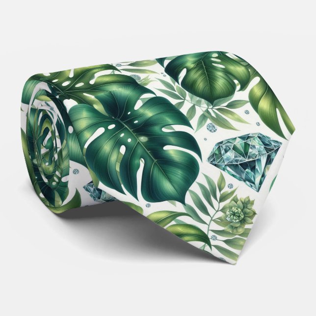 Cravate Feuillage tropical aquarelle avec diamants (Roulé)